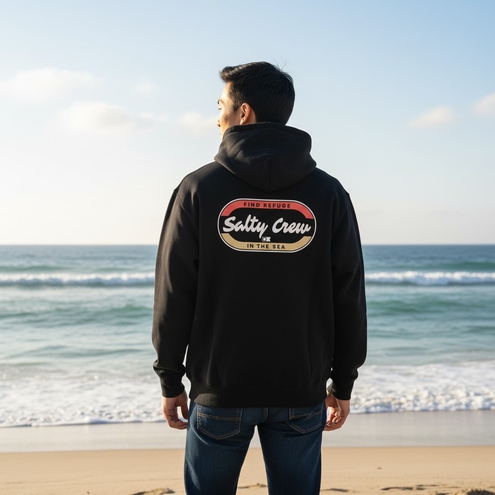 Salty Crew Mens Find Refuge‎ In The Sea Full Zip Hoodie Black Fleece Sweatshirt